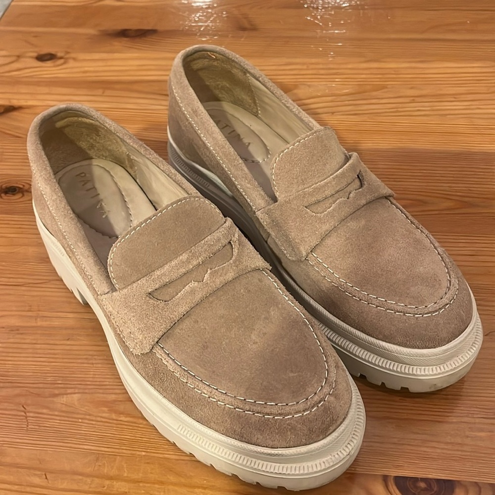 Patina Suede Platform Penny Loafers in Beige - Women Shoes